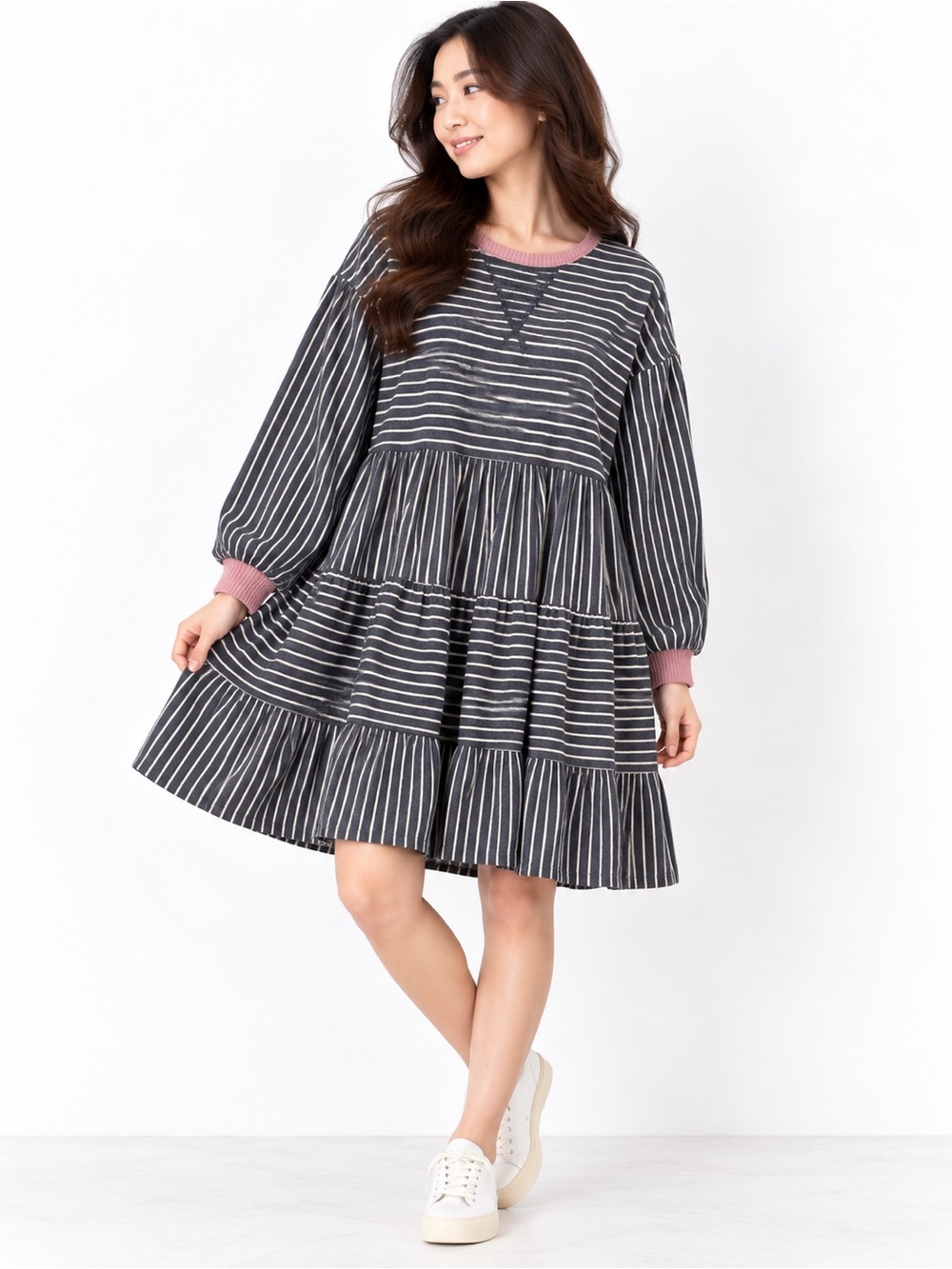 Striped Tiered Midi Dress with Pink Trim